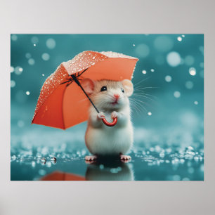 Mus med paraply i Spanien: Cute Rainy Day Scene Poster