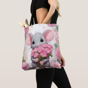 Mus med rosa blomsterbukett tygkasse