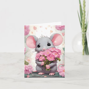 Mus med Rosa Flowers Anteckningskort