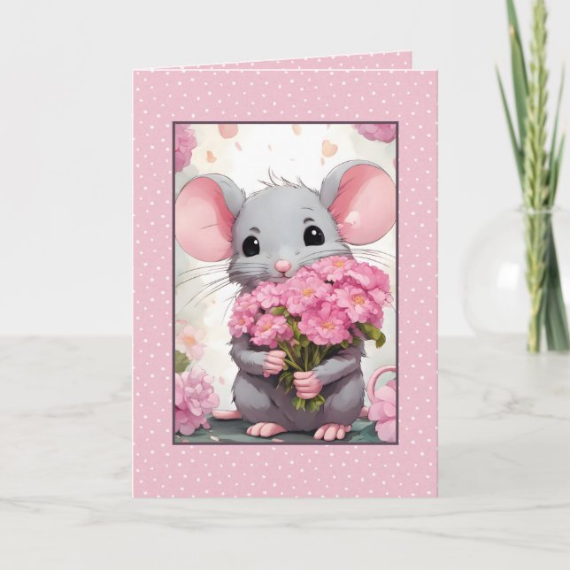 Mus med Rosa Flowers på Polka dots Kort (Framsida)