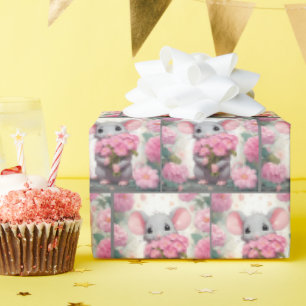 Mus med Rosa Flowers Presentpapper