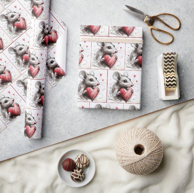 Mus med rött hjärta presentpapper (Hantverk)