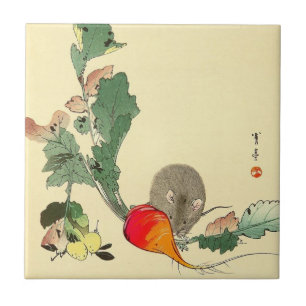 Mus och röd rädisa, japansk måla c.1800s kakelplatta
