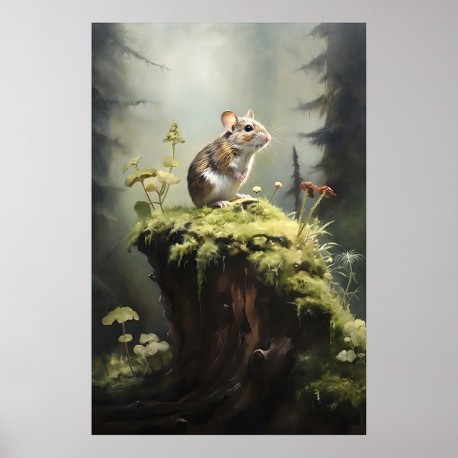 Mus på stubbe i skogs väggtryck, mörk akademi poster (Framsidan)