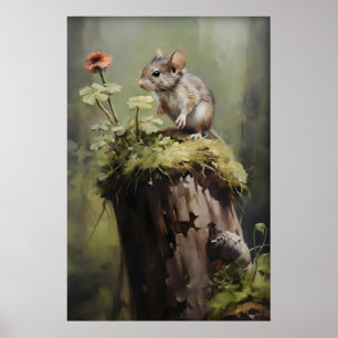 Mus på stubbe skogsutskrift, mörk akademi djur poster