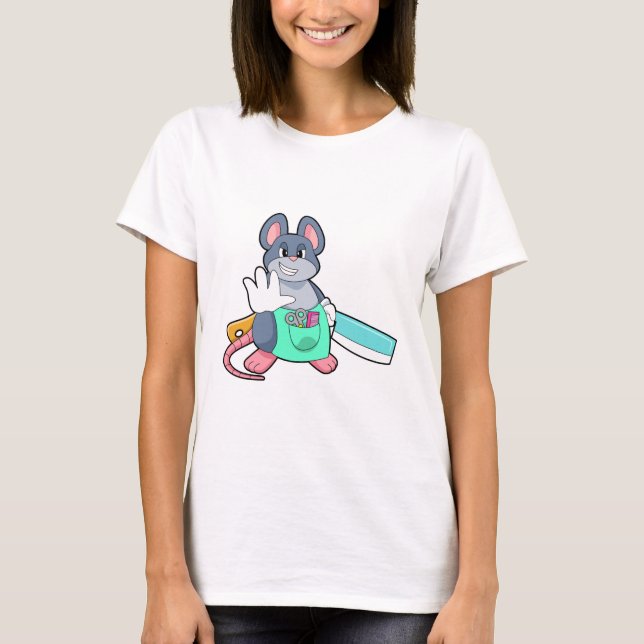 Mus som Hairdresser med saxar och komb T Shirt (Framsida)