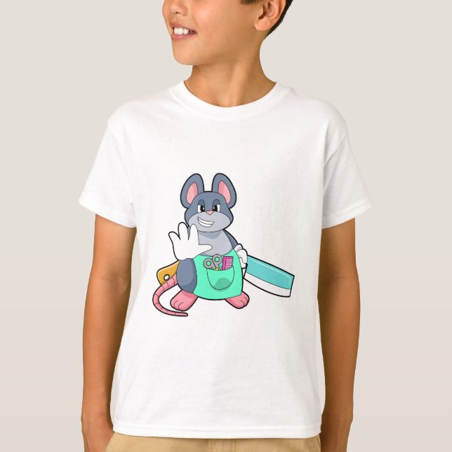 Mus som Hairdresser med saxar och komb T Shirt (Framsida)