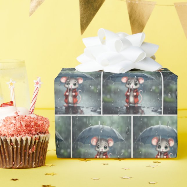 Mus under paraplyer presentpapper (Födelsedagsfest)