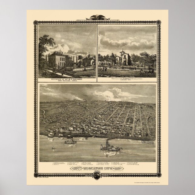 Muscatine City, IA Panoramic Karta - 1875 Poster (Framsidan)