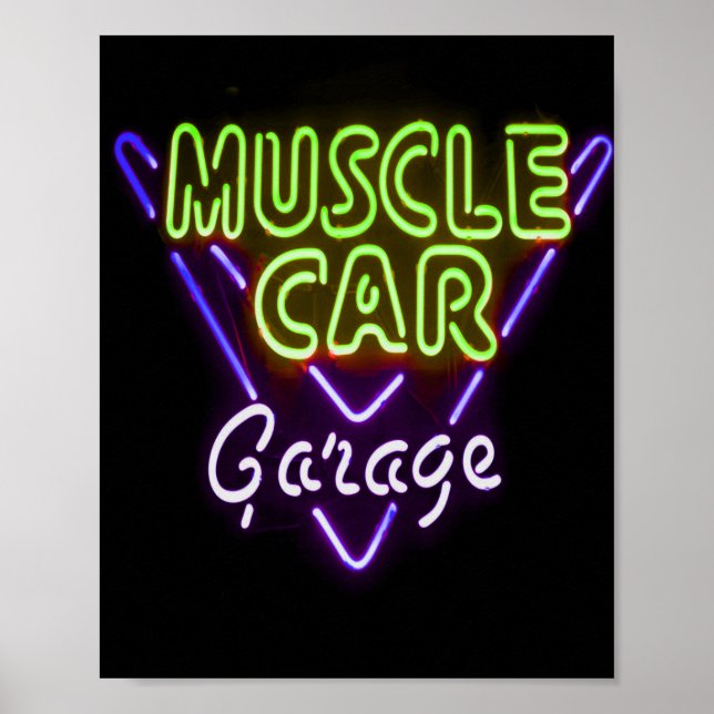 Muscle Car Garage Neon Signera Blue Grönt Poster (Framsidan)