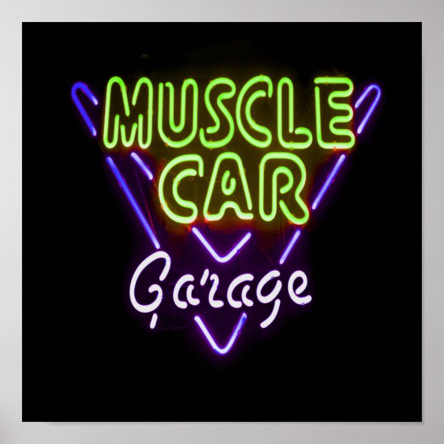 Muscle Car Garage Neon Signera Blue Grönt Poster (Framsidan)