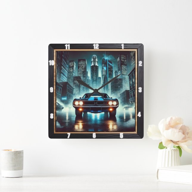 Muscle Car i Futuristiska City Night Bright Ljus Fyrkantig Klocka (Hem)