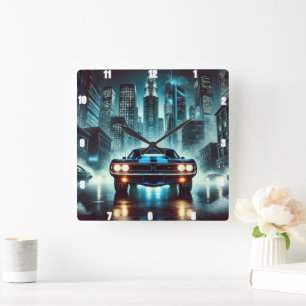 Muscle Car i Futuristiska City Night Bright Ljus Fyrkantig Klocka