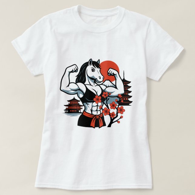 Muscle Horse Lady – Japanese Sakura Art T Shirt (Design framsida)
