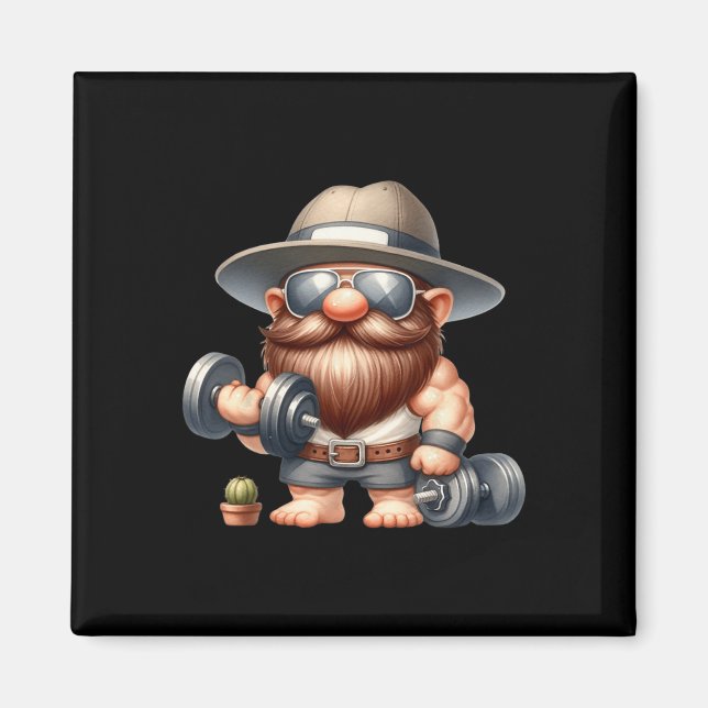 Muscleman Gnome med Dumbbells Funny Fitness Worki Magnet (Framsidan)