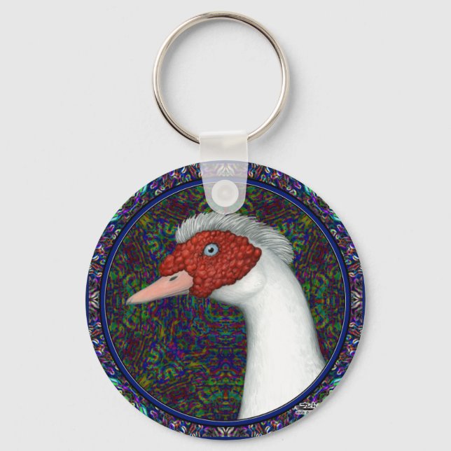 Muscovy Anka Head White Nyckelring (Framsida)