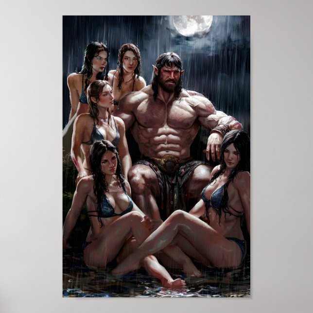 Muscular Barbarian Surrounded by Sexy Women Poster (Framsidan)
