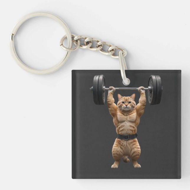 Muscular Orange Cat Gym Keychain (Framsidan)