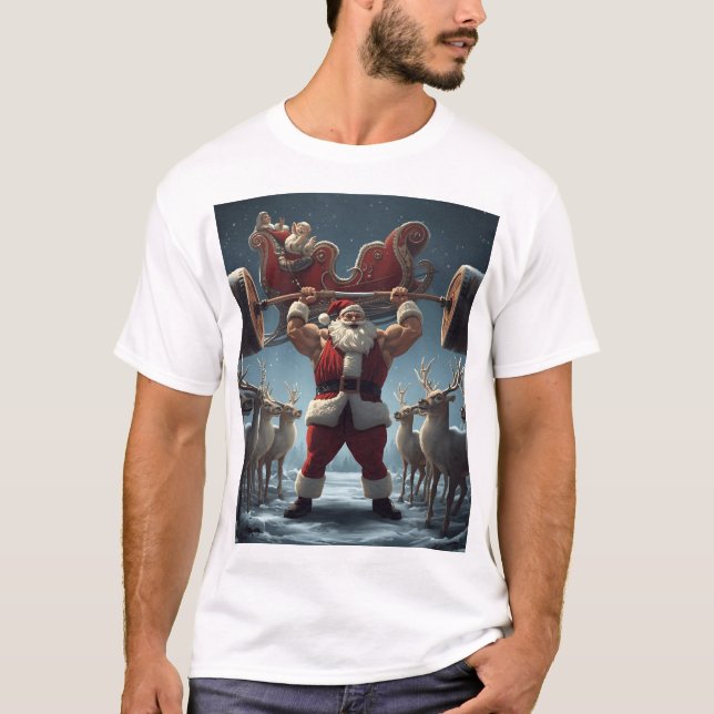 Muscular Santa Lifting Reindeer – Funny Christmas  T Shirt (Framsida)