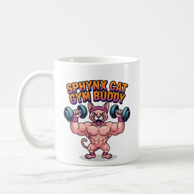 Muscular Sphynx Cat Gym Buddy Cartoon Kaffemugg (Vänster)