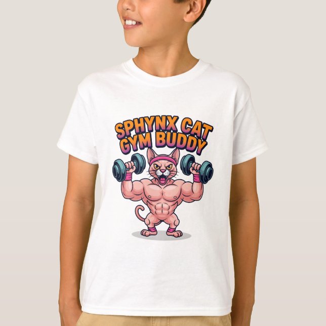 Muscular Sphynx Cat Gym Buddy Cartoon T Shirt (Framsida)