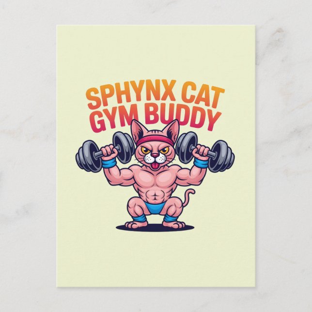Muscular Sphynx Cat Gym Buddy Cartoon Vykort (Framsida)