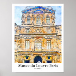 Musee du Louvre Paris Travel Watercolor Hand plock Poster