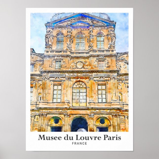 Musee du Louvre Paris Travel Watercolor Hand plock Poster (Framsidan)