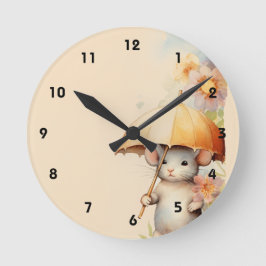 Musen med gultens paraplybakgrund för vattenfärg rund klocka