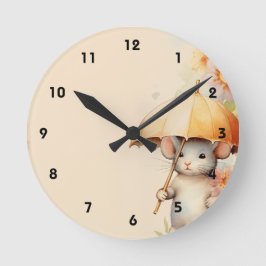 Musen med gultens paraplybakgrund för vattenfärg rund klocka