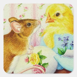 Musen träffar Watercolor Art Chick Påsk i Baby Fyrkantigt Klistermärke