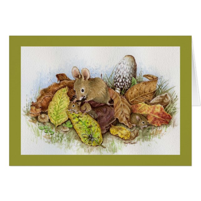 Musfamilj i löven hälsningskort (Framsidan Horizontal)