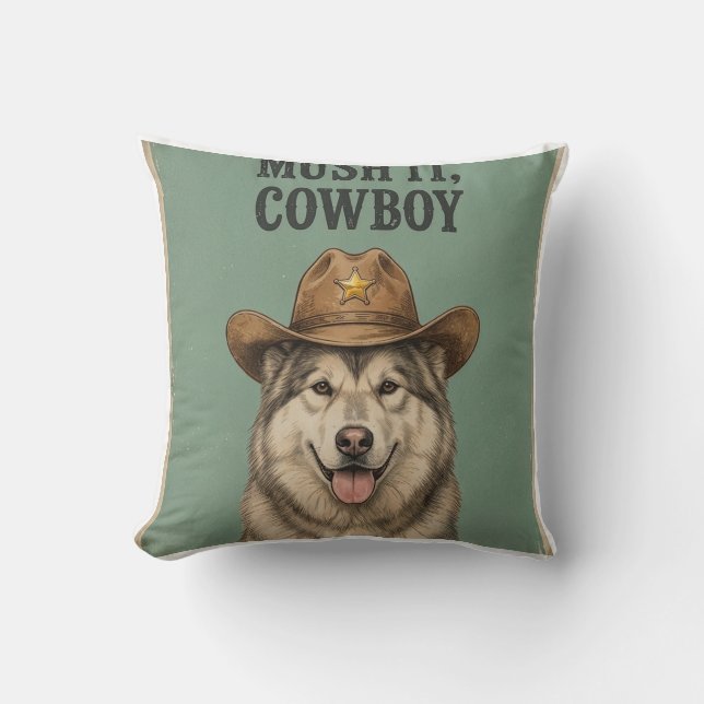 "Mush It, Cowboy" Kudd Husky med cowboyhatt Kudde (Framsida)