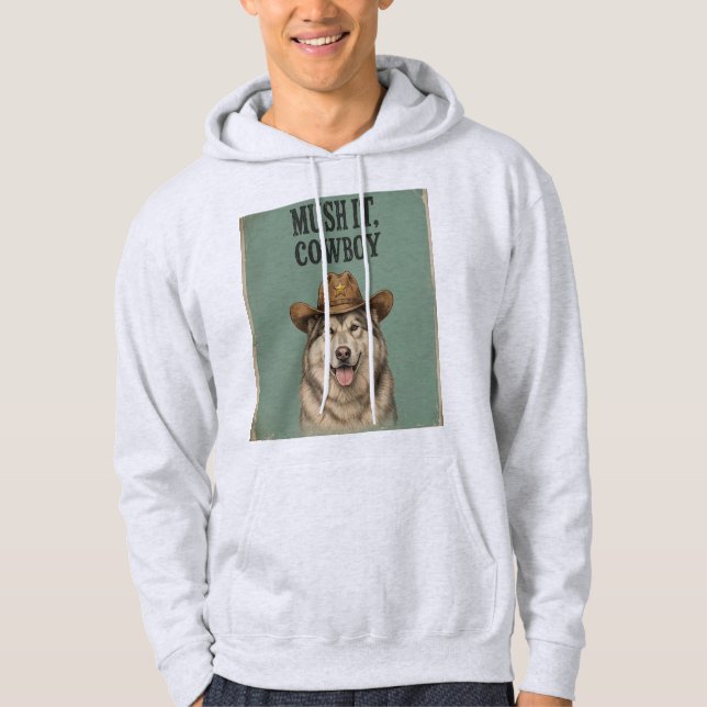 "Mush It, Cowboy" vuxen hoodie med Husky (Framsida)