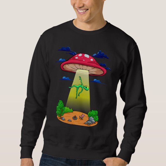 Mushroom Alien Abduction Psychedelic  Space UFO Fu Lång Ärmad Tröja (Framsida)