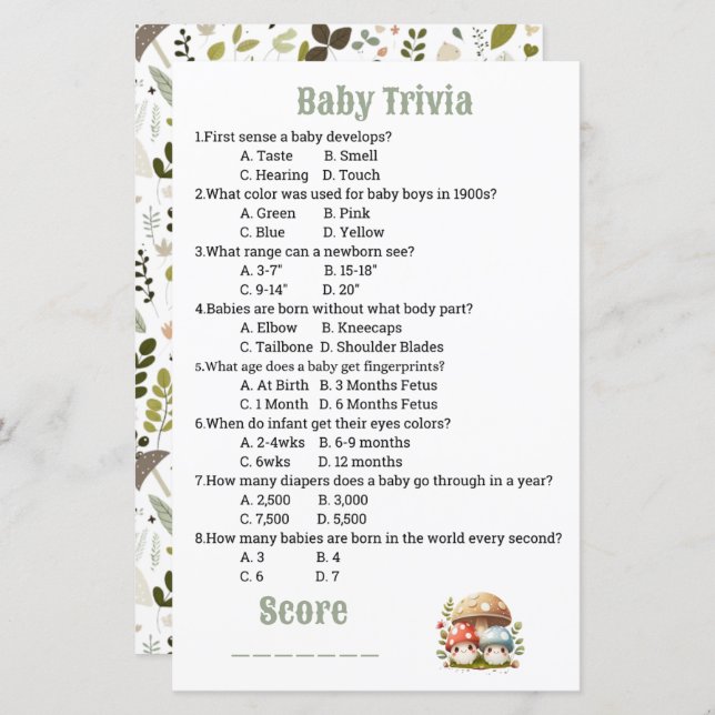 Mushroom Baby Shower Baby Trivia (Fram/baksida)