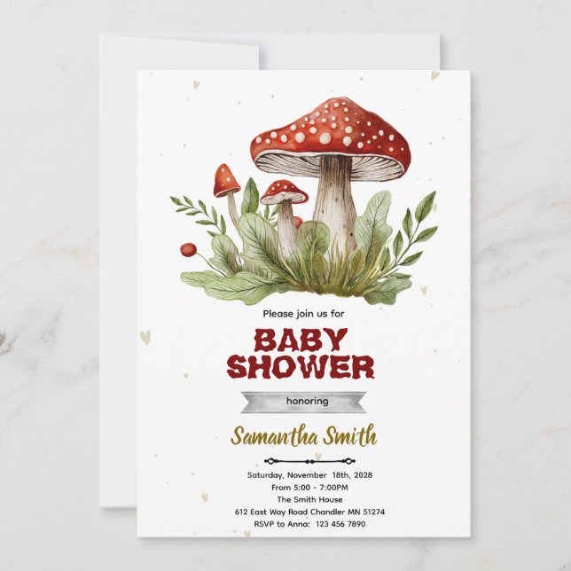 Mushroom baby shower invitation inbjudningar (Framsida)