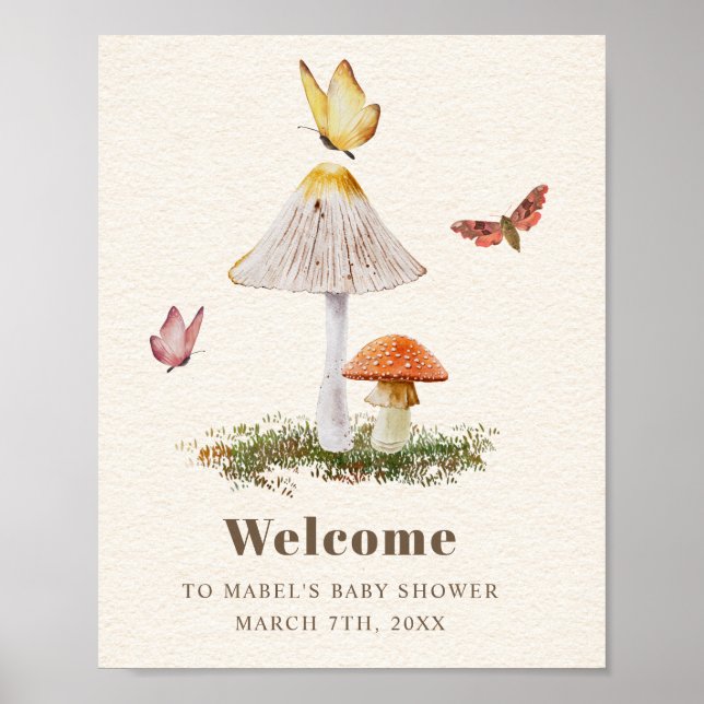 Mushroom Butterflies Woodland Natature Baby Shower Poster (Framsidan)