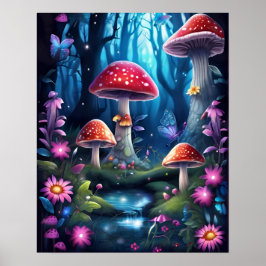 Mushroom Butterfly Enchanted Forest BLUE THEME Poster
