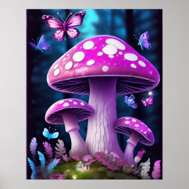Mushroom Butterfly Enchanted Forest LILA FÄRG Poster