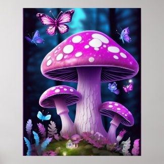 Mushroom Butterfly Enchanted Forest LILA FÄRG Poster