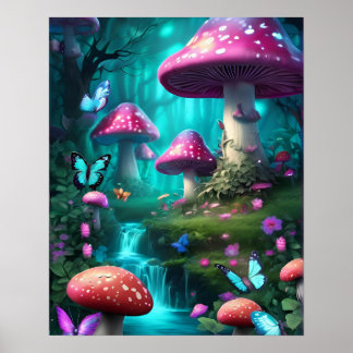 Mushroom Butterfly Enchanted Forest TEAL THEME Poster