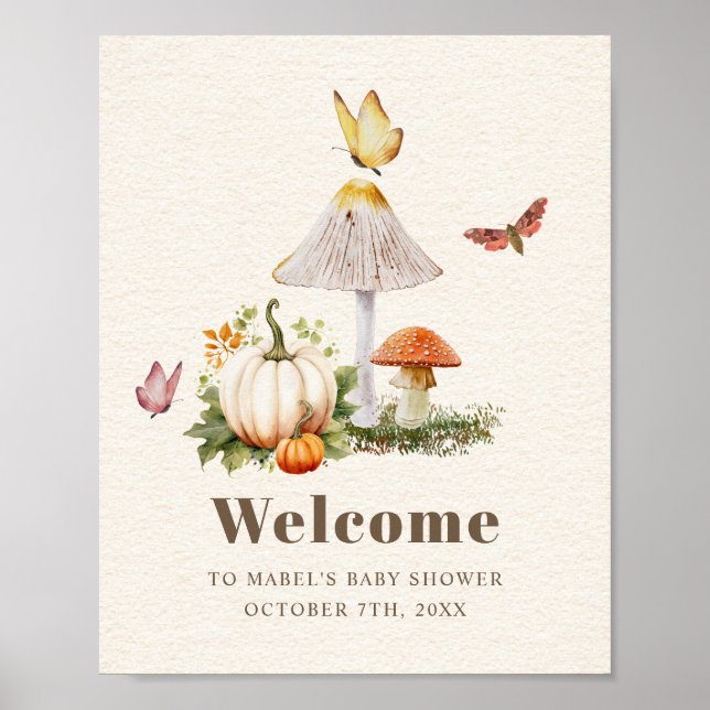 Mushroom Butterfly Woodland Pumpkin Baby Shower Poster (Framsidan)