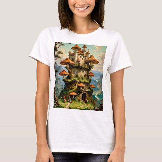Mushroom Castle Fantasy Art Whimsical T-Shirt Desi (Framsida)