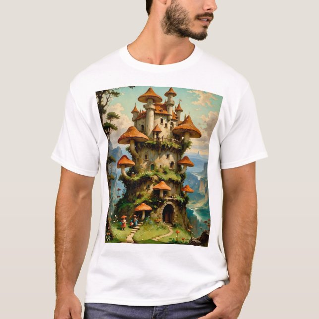 Mushroom Castle Fantasy Art Whimsical T-Shirt Desi (Framsida)