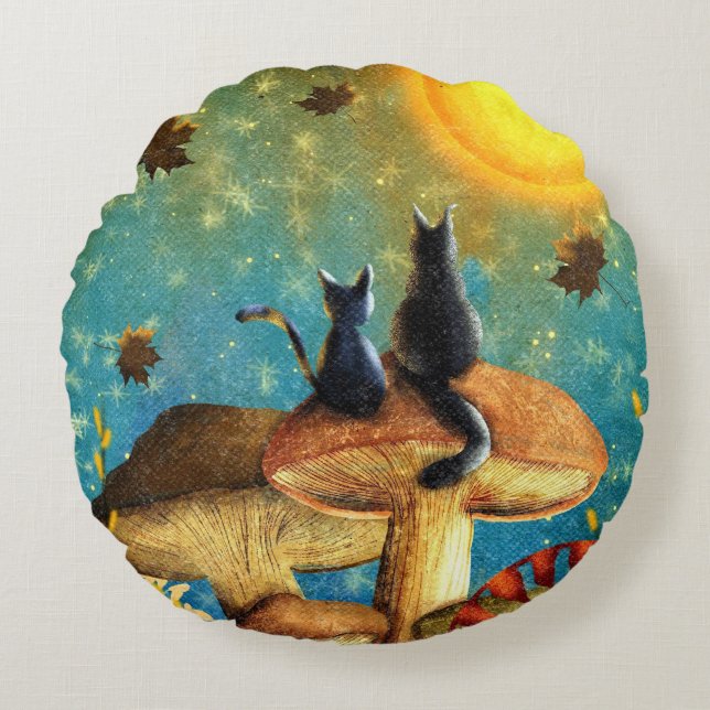 Mushroom Cats Rund Kudde (Framsidan)