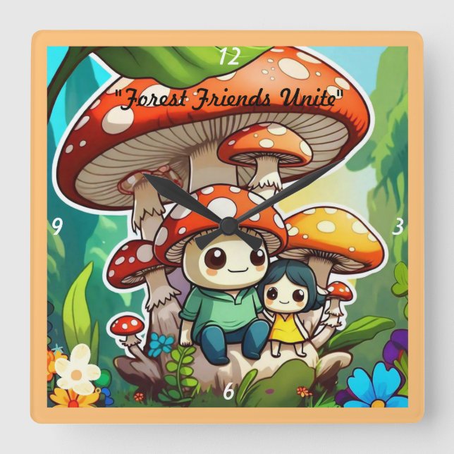 "Mushroom Family Life" Fyrkantig Klocka (Framsida)