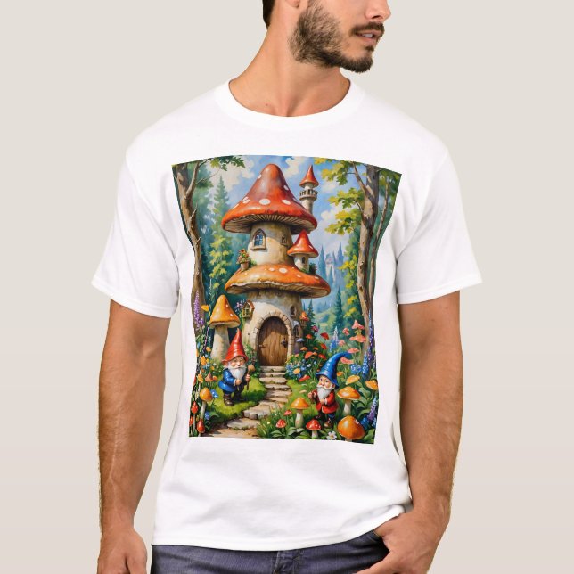 Mushroom Fantasy Gnome House Whimsical Art T-Shirt (Framsida)