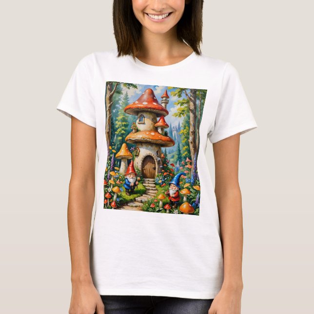Mushroom Fantasy Gnome House Whimsical Art T-Shirt (Framsida)