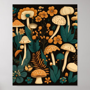 Mushroom Fern och Flower Illustration Mönster Poster